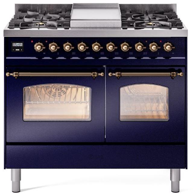 ILVE Nostalgie II 40-Inch Freestanding Dual Fuel Range, Midnight Blue with Burnished Bronze Trim (UPD40FNMPMBBLP)