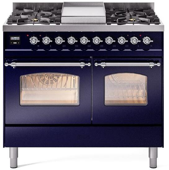 ILVE Nostalgie II 40-Inch Freestanding Dual Fuel Range, Midnight Blue with Chrome Trim (UPD40FNMPMBCLP)