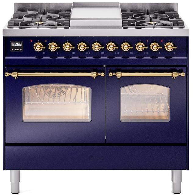 ILVE Nostalgie II 40-Inch Freestanding Dual Fuel Range, Midnight Blue with Brass Trim (UPD40FNMPMBGLP)