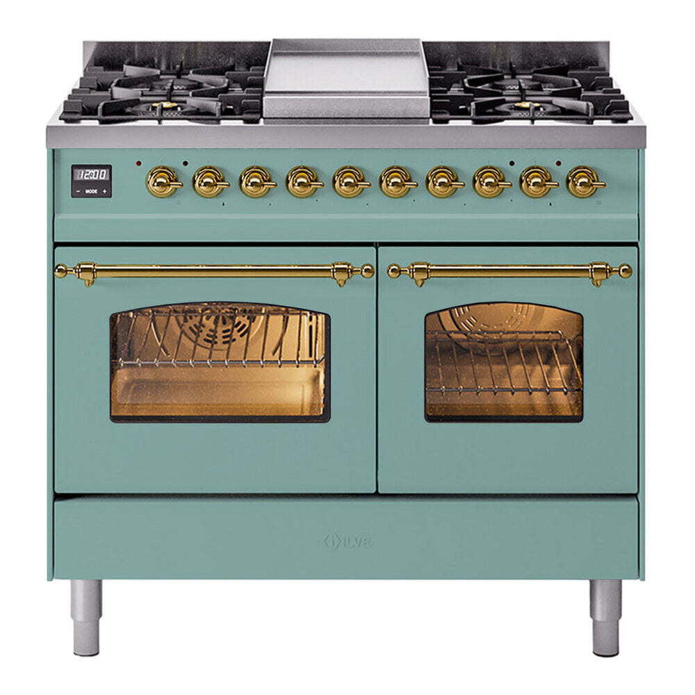 ILVE Nostalgie II 40-Inch Freestanding Natural Gas Dual Fuel Range, Mediterranean Mint with Brass Trim (UPD40FNMPMMG)
