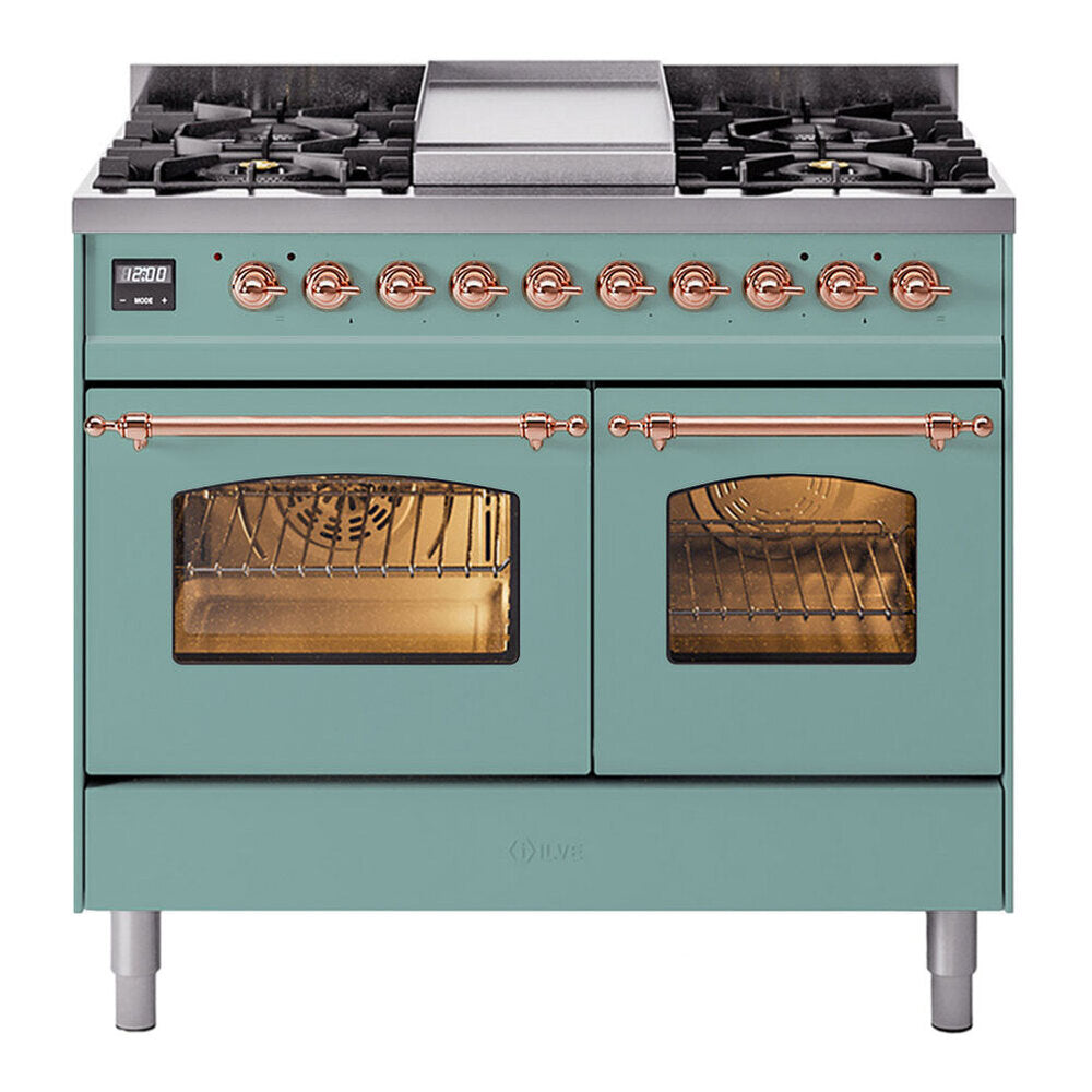 ILVE Nostalgie II 40-Inch Freestanding Propane Dual Fuel Range, Mediterranean Mint with Copper Trim (UPD40FNMPMMPLP)