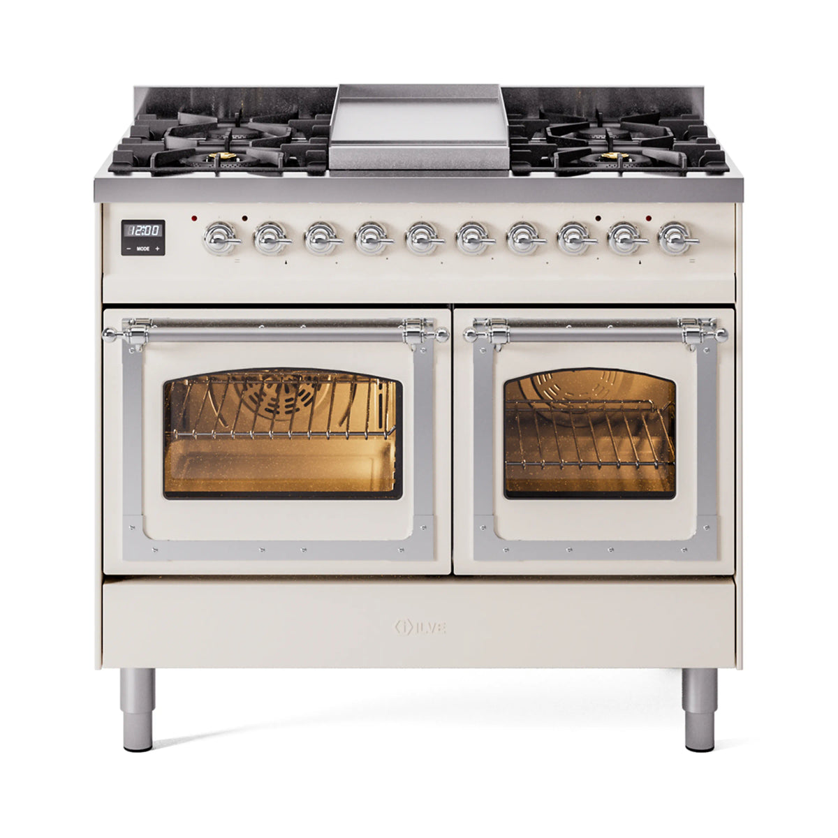 ILVE Nostalgie II Noblesse 40-Inch Natural Gas Dual Fuel Range, Triple Glass Door, Antique White with Chrome Trim (UND40FNMPAWC)
