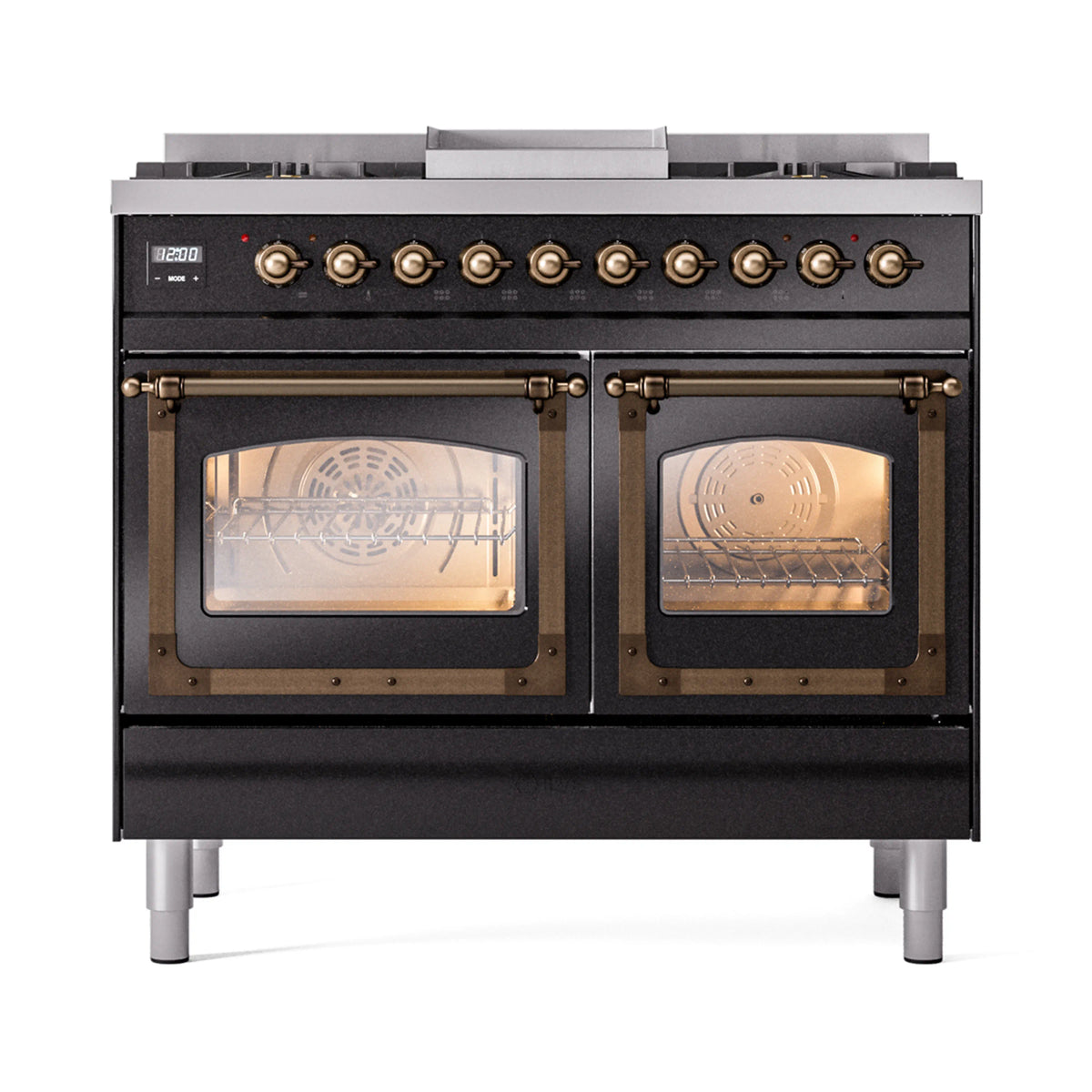 ILVE Nostalgie II Noblesse 40-Inch Natural Gas Dual Fuel Range, Triple Glass Door, Glossy Black with Bronze Trim (UND40FNMPBKB)