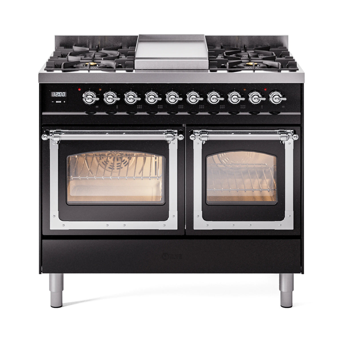 ILVE Nostalgie II Noblesse 40-Inch Propane Dual Fuel Range, Triple Glass Door, Glossy Black with Chrome Trim (UND40FNMPBKCLP)