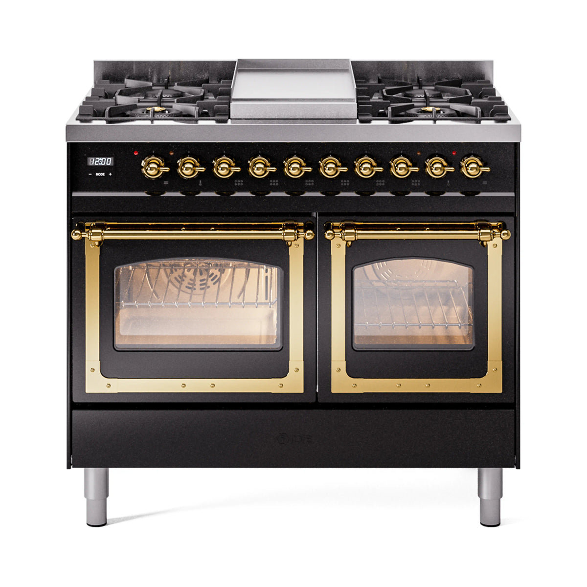 ILVE Nostalgie II Noblesse 40-Inch Propane Dual Fuel Range, Triple Glass Door, Glossy Black with Brass Trim (UND40FNMPBKGLP)