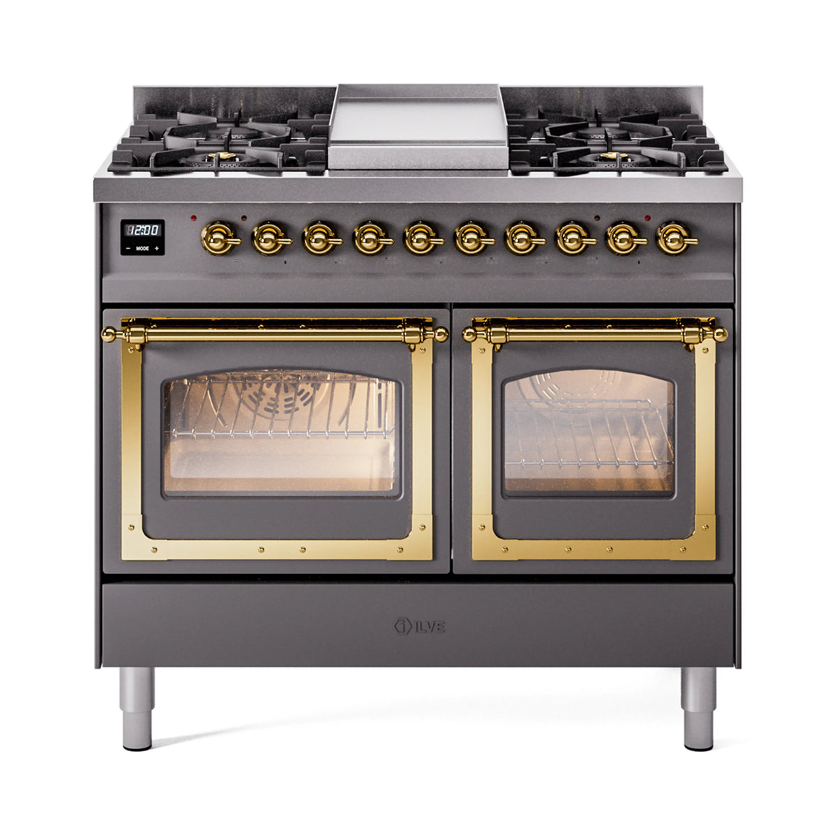 ILVE Nostalgie II Noblesse 40-Inch Natural Gas Dual Fuel Range, Triple Glass Door, Matte Graphite with Brass Trim (UND40FNMPMGG)