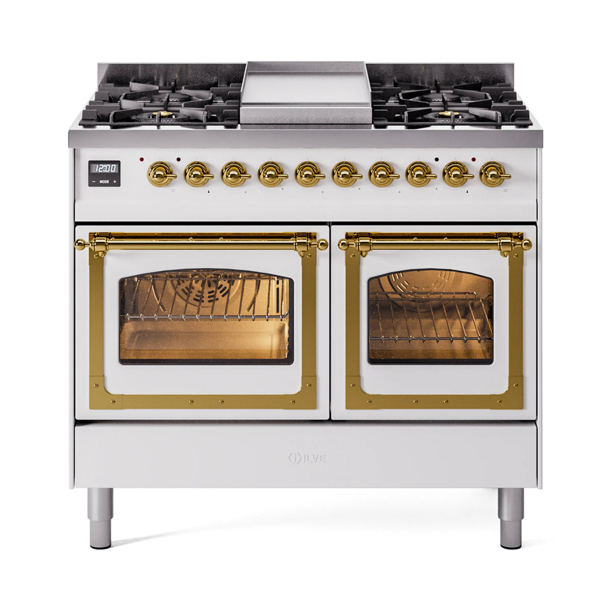 ILVE Nostalgie II Noblesse 40-Inch Natural Gas Dual Fuel Range, Triple Glass Door, White with Brass Trim (UND40FNMPWHG)