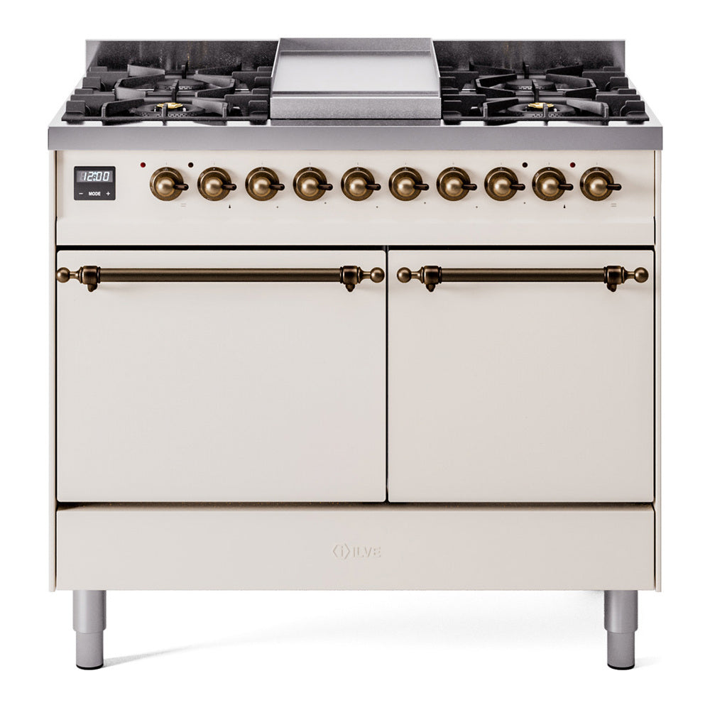ILVE Nostalgie II 40-Inch Natural Gas Dual Fuel Range, 6 Burners, Griddle, Solid Door, Antique White with Burnished Bronze Trim (UPD40FQNMPAWB)