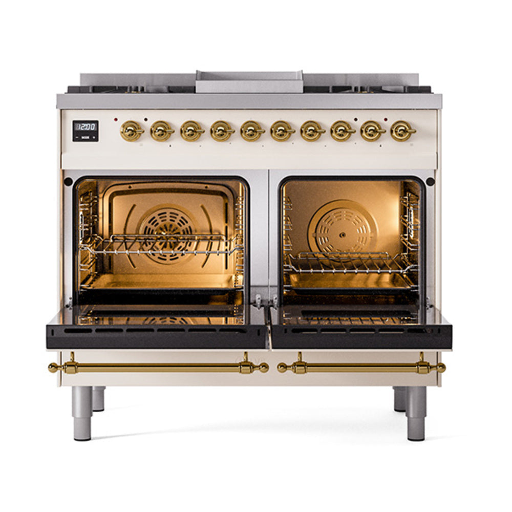 ILVE Nostalgie II 40-Inch Natural Gas Dual Fuel Range, 6 Burners, Griddle, Solid Door, Antique White with Brass Trim (UPD40FQNMPAWG)