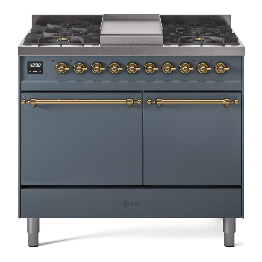 ILVE Nostalgie II 40-Inch Propane Dual Fuel Range, 6 Burners, Griddle, Solid Door, Blue Grey with Brass Trim (UPD40FQNMPBGGLP)