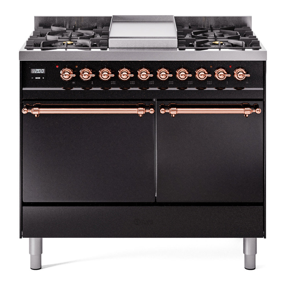 ILVE Nostalgie II 40-Inch Natural Gas Dual Fuel Range, 6 Burners, Griddle, Solid Door, Glossy Black with Copper Trim (UPD40FQNMPBKP)
