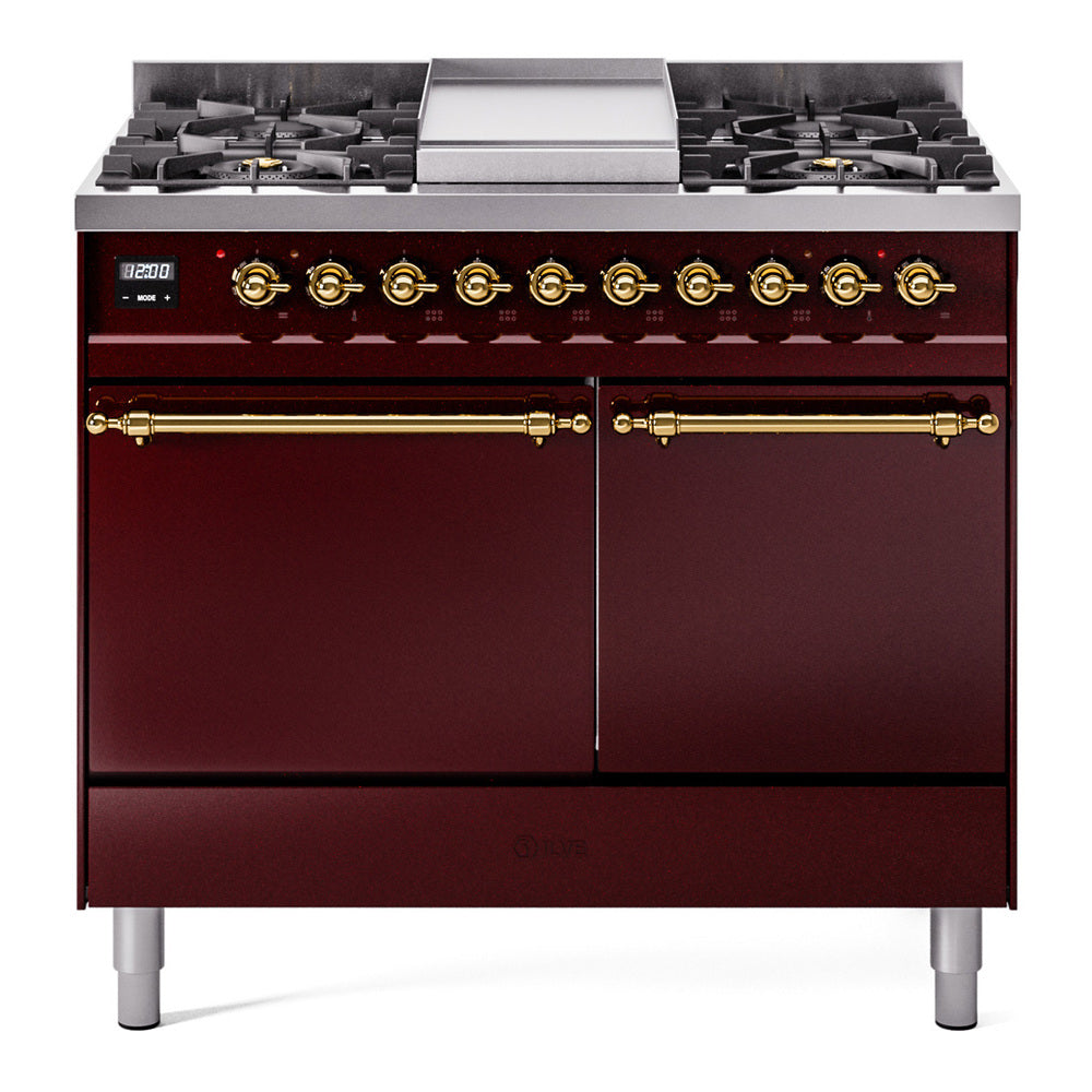 ILVE Nostalgie II 40-Inch Natural Gas Dual Fuel Range, 6 Burners, Griddle, Solid Door, Burgundy with Brass Trim (UPD40FQNMPBUG)