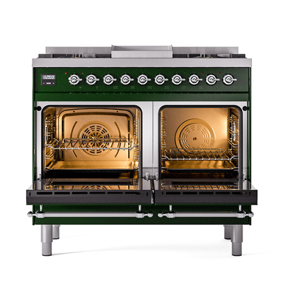 ILVE Nostalgie II 40-Inch Natural Gas Dual Fuel Range, 6 Burners, Griddle, Solid Door, Emerald Green with Chrome Trim (UPD40FQNMPEGC)