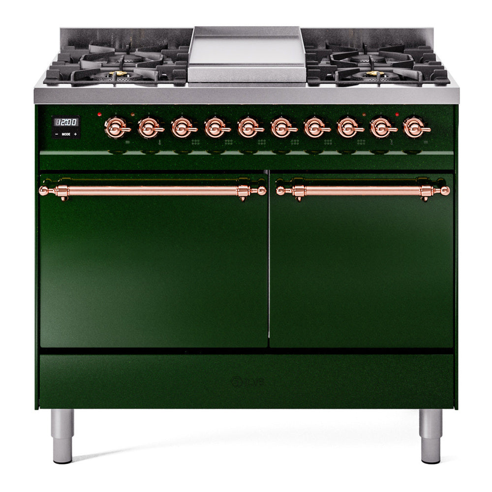 ILVE Nostalgie II 40-Inch Propane Dual Fuel Range, 6 Burners, Griddle, Solid Door, Emerald Green with Copper Trim (UPD40FQNMPEGPLP)