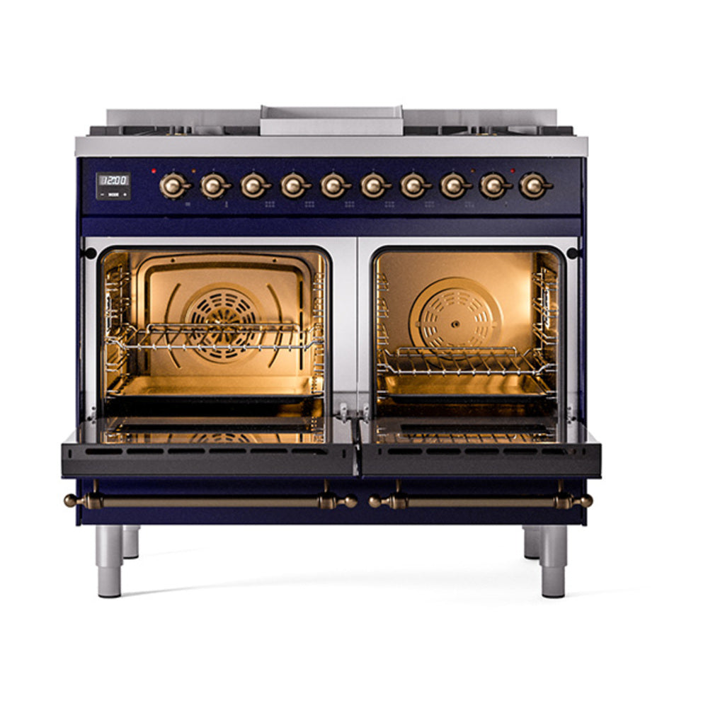 ILVE Nostalgie II 40-Inch Propane Dual Fuel Range, 6 Burners, Griddle, Solid Door, Midnight Blue with Burnished Bronze Trim (UPD40FQNMPMBBLP)