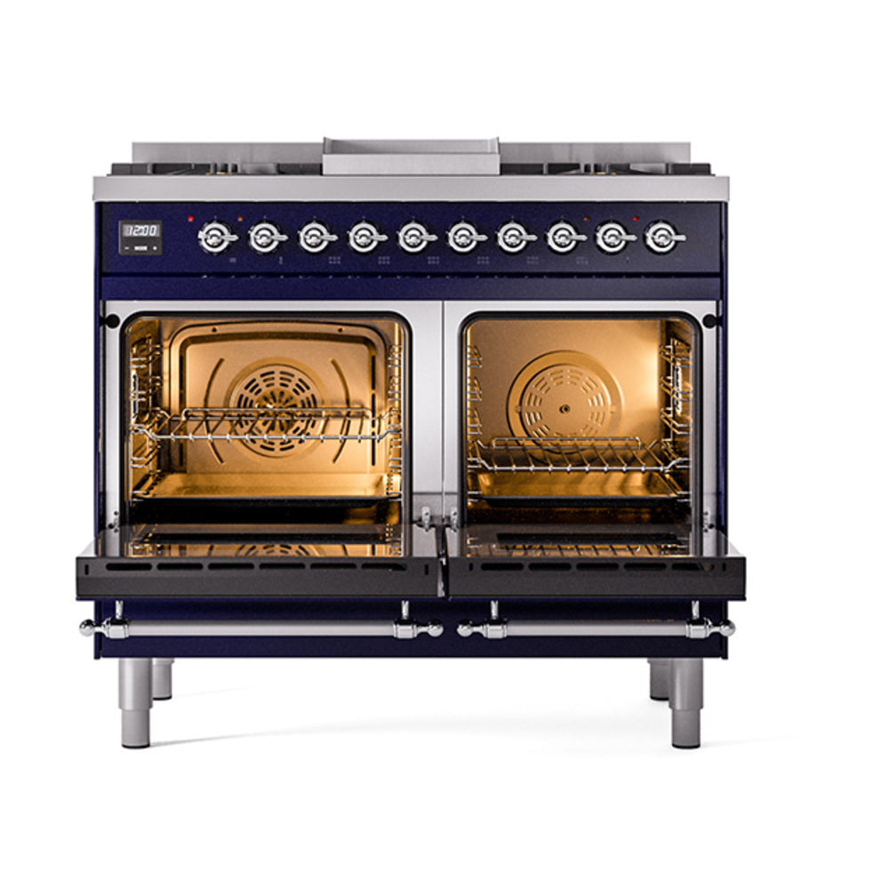 ILVE Nostalgie II 40-Inch Propane Dual Fuel Range, 6 Burners, Griddle, Solid Door, Midnight Blue with Chrome Trim (UPD40FQNMPMBCLP)