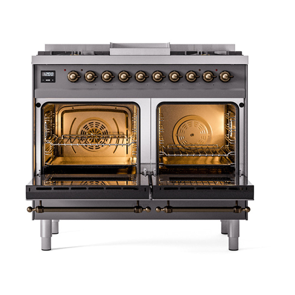 ILVE Nostalgie II 40-Inch Propane Dual Fuel Range, 6 Burners, Griddle, Solid Door, Matte Graphite with Burnished Bronze Trim (UPD40FQNMPMGBLP)