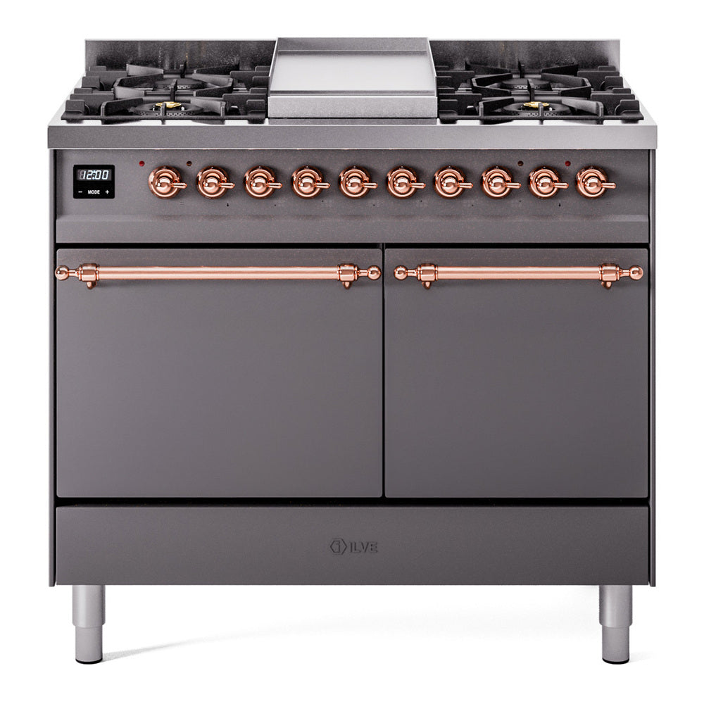 ILVE Nostalgie II 40-Inch Natural Gas Dual Fuel Range, 6 Burners, Griddle, Solid Door, Matte Graphite with Copper Trim (UPD40FQNMPMGP)