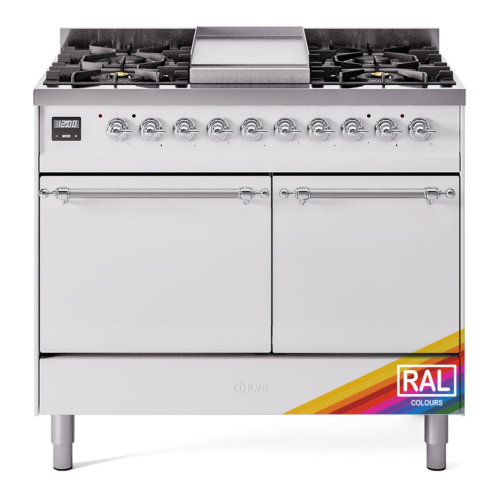 ILVE Nostalgie II 40-Inch Propane Dual Fuel Range, 6 Burners, Griddle, Solid Door, Custom RAL with Chrome Trim (UPD40FQNMPRACLP)