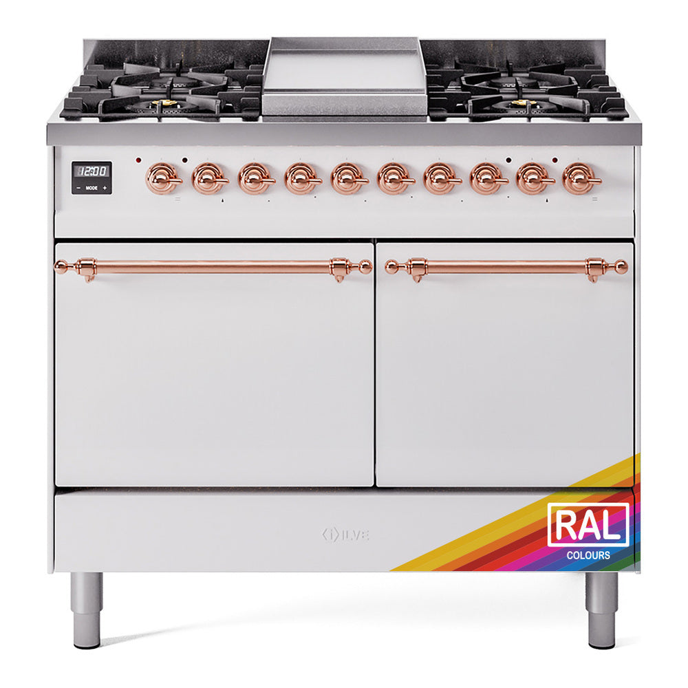 ILVE Nostalgie II 40-Inch Natural Gas Dual Fuel Range, 6 Burners, Griddle, Solid Door, Custom RAL with Copper Trim (UPD40FQNMPRAP)