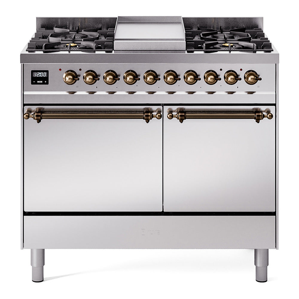 ILVE Nostalgie II 40-Inch Propane Dual Fuel Range, 6 Burners, Griddle, Solid Door, Stainless Steel with Burnished Bronze Trim (UPD40FQNMPSSBLP)