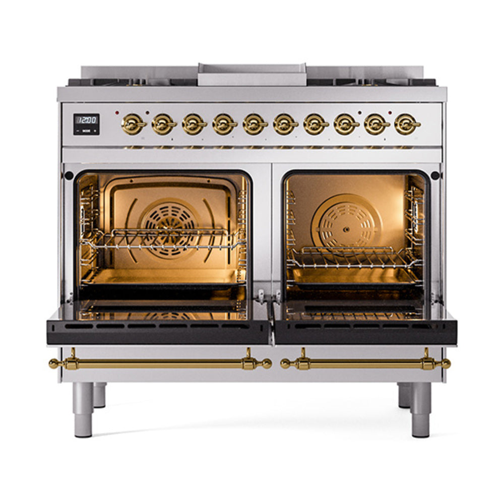 ILVE Nostalgie II 40-Inch Natural Gas Dual Fuel Range, 6 Burners, Griddle, Solid Door, Stainless Steel with Brass Trim (UPD40FQNMPSSG)