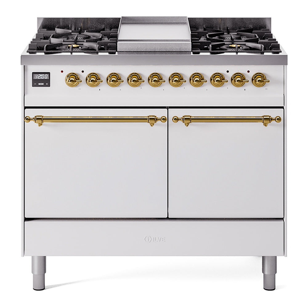ILVE Nostalgie II 40-Inch Natural Gas Dual Fuel Range, 6 Burners, Griddle, Solid Door, White with Brass Trim (UPD40FQNMPWHG)