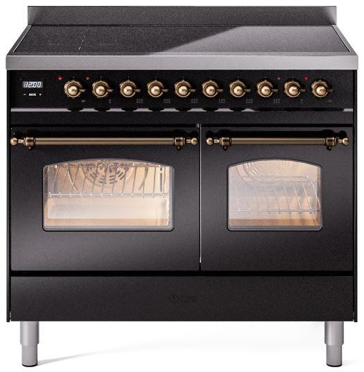 ILVE Nostalgie II 40-Inch Freestanding Electric Induction Range, Glossy Black with Burnished Bronze Trim (UPDI406NMPBKB)