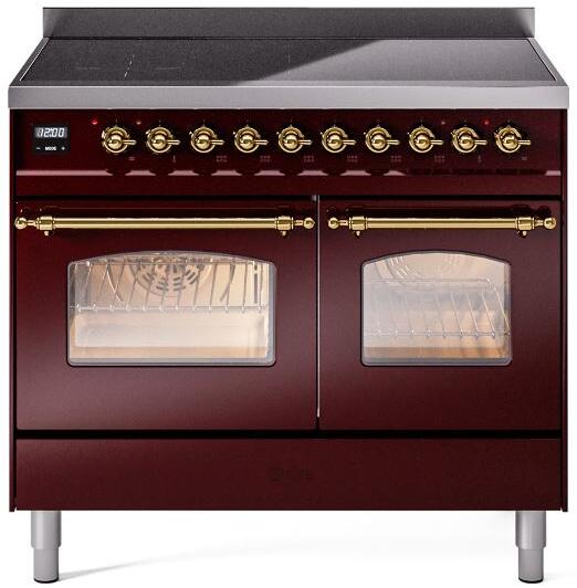 ILVE Nostalgie II 40-Inch Freestanding Electric Induction Range, Burgundy with Brass Trim (UPDI406NMPBUG)