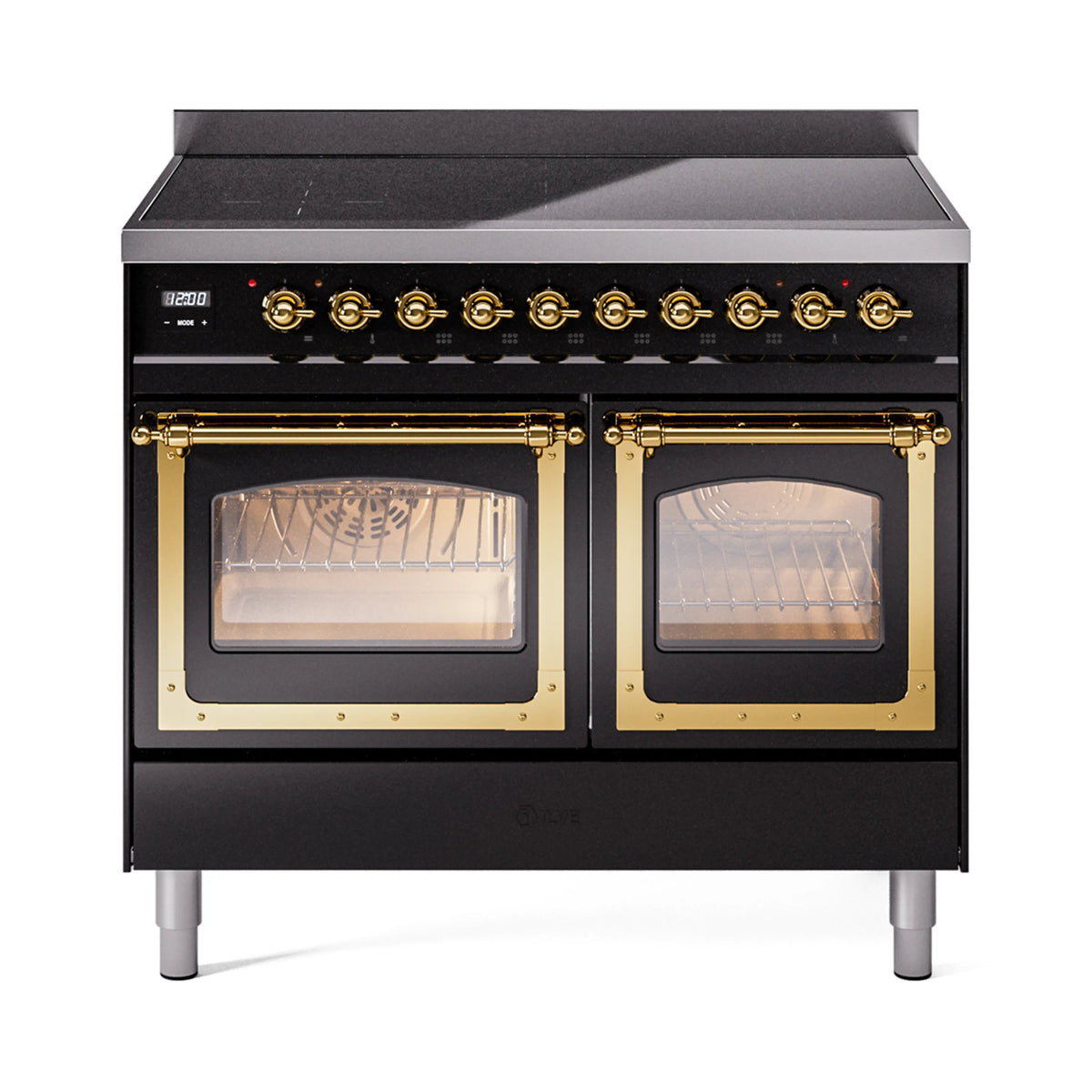 ILVE Nostalgie II Noblesse 40-Inch Induction Range, Triple Glass Door, Glossy Black with Brass Trim (UNDI406NMPBKG)