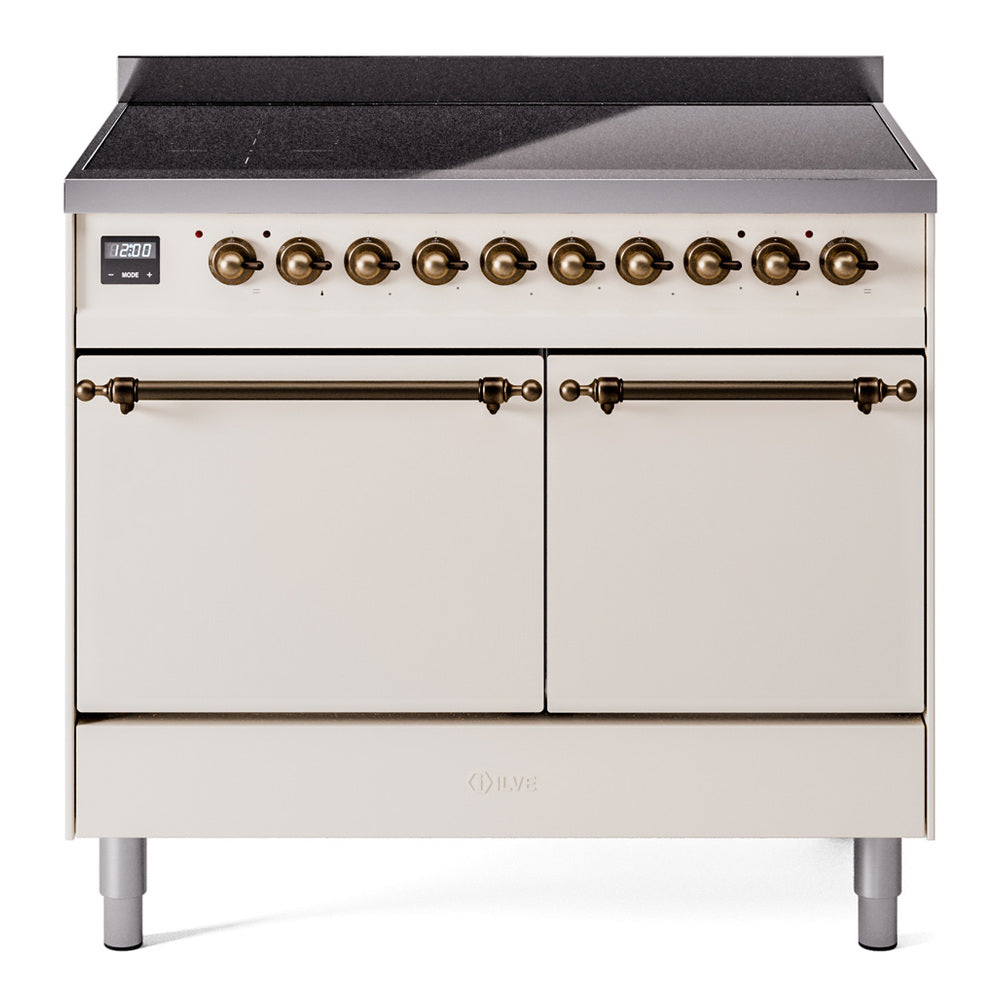 ILVE Nostalgie II 40-Inch Induction Range, Solid Door Oven, Antique White with Burnished Bronze Trim (UPDI406QNMPAWB)