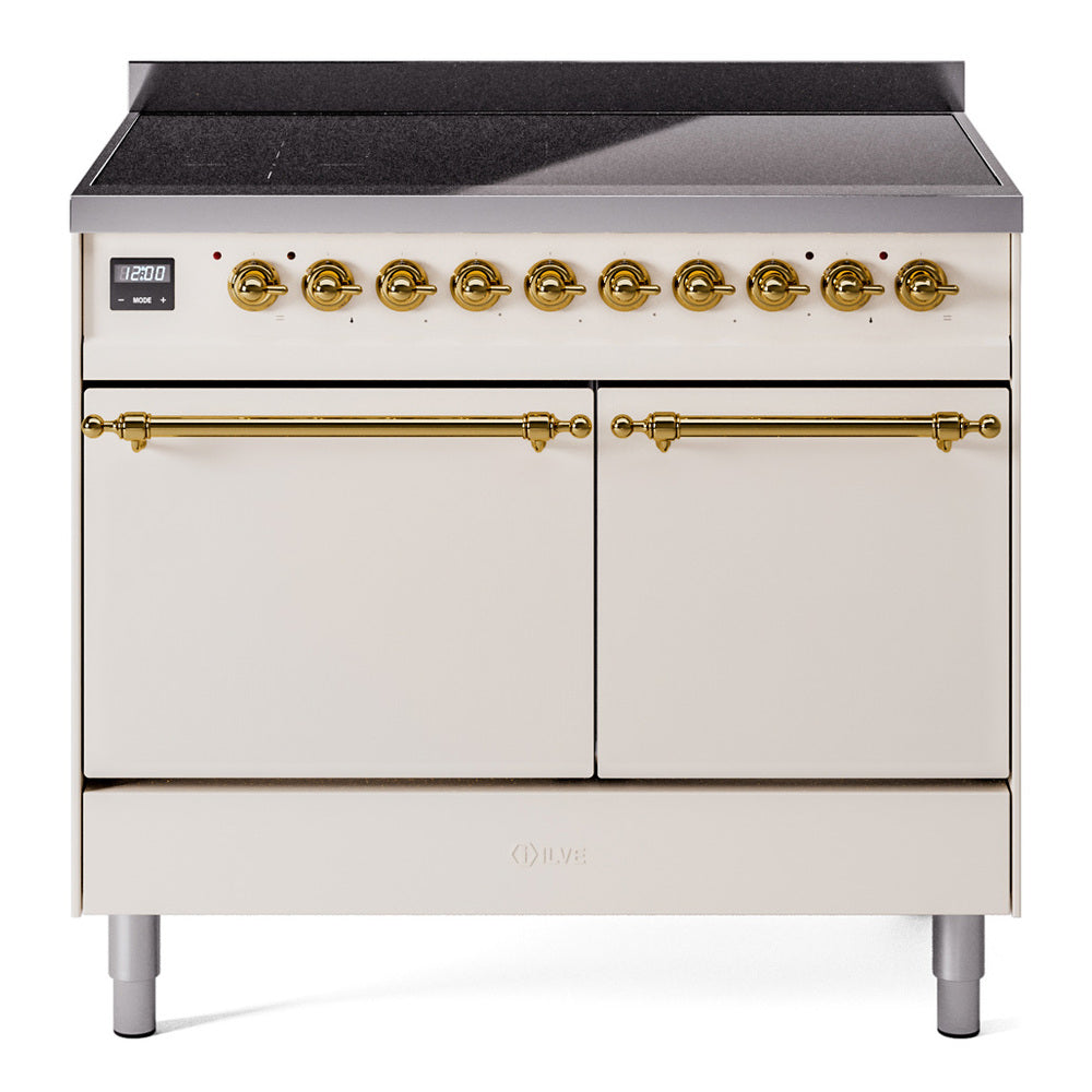 ILVE Nostalgie II 40-Inch Induction Range, Solid Door Oven, Antique White with Brass Trim (UPDI406QNMPAWG)