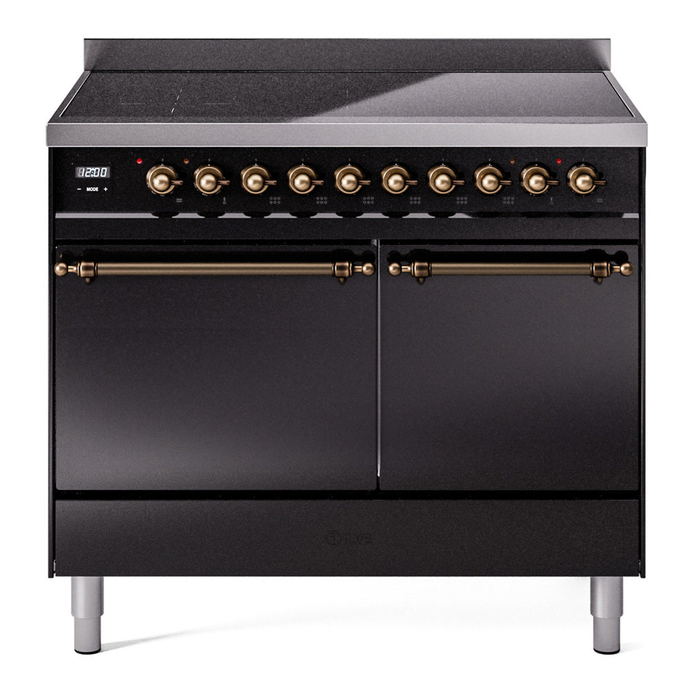ILVE Nostalgie II 40-Inch Induction Range, Solid Door Oven, Glossy Black with Burnished Bronze Trim (UPDI406QNMPBKB)
