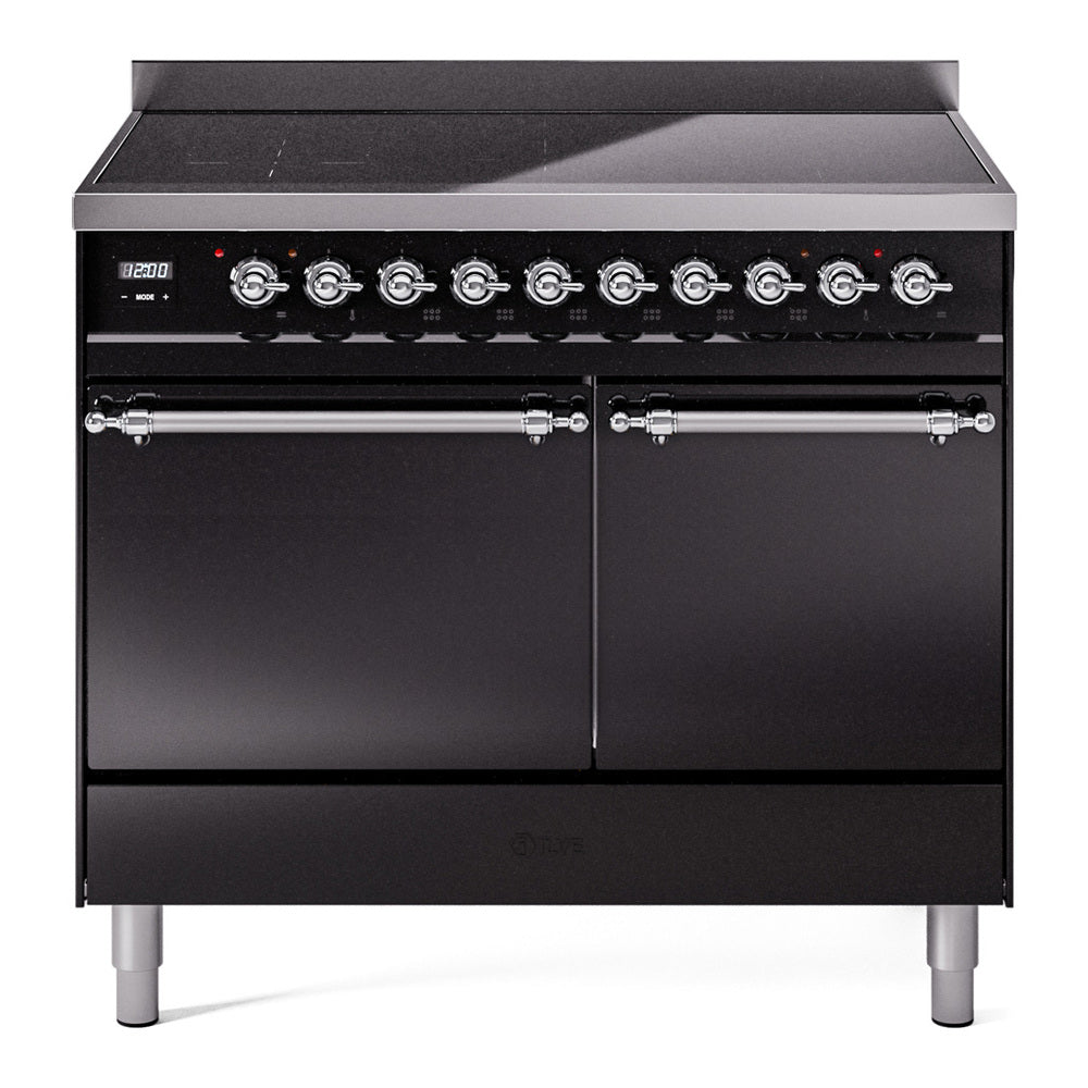 ILVE Nostalgie II 40-Inch Induction Range, Solid Door Oven, Glossy Black with Chrome Trim (UPDI406QNMPBKC)