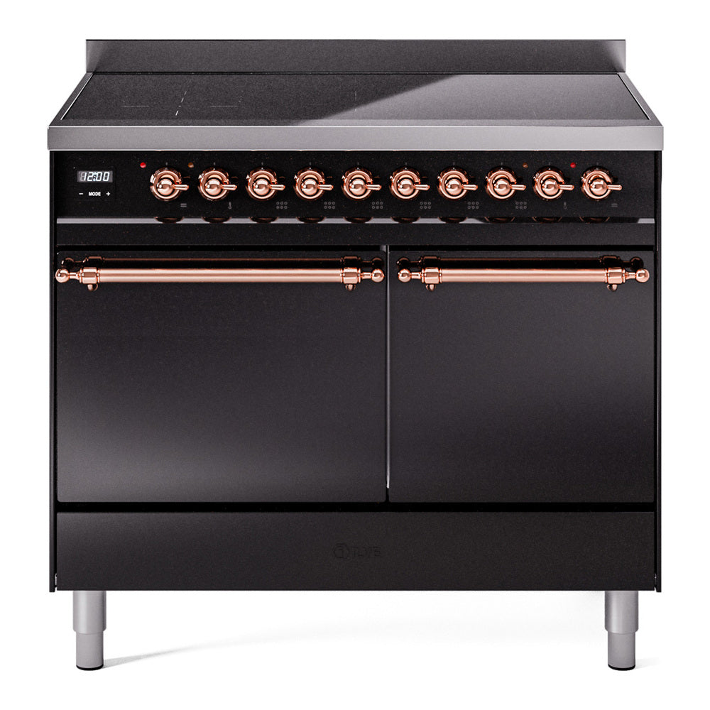 ILVE Nostalgie II 40-Inch Induction Range, Solid Door Oven, Glossy Black with Copper Trim (UPDI406QNMPBKP)
