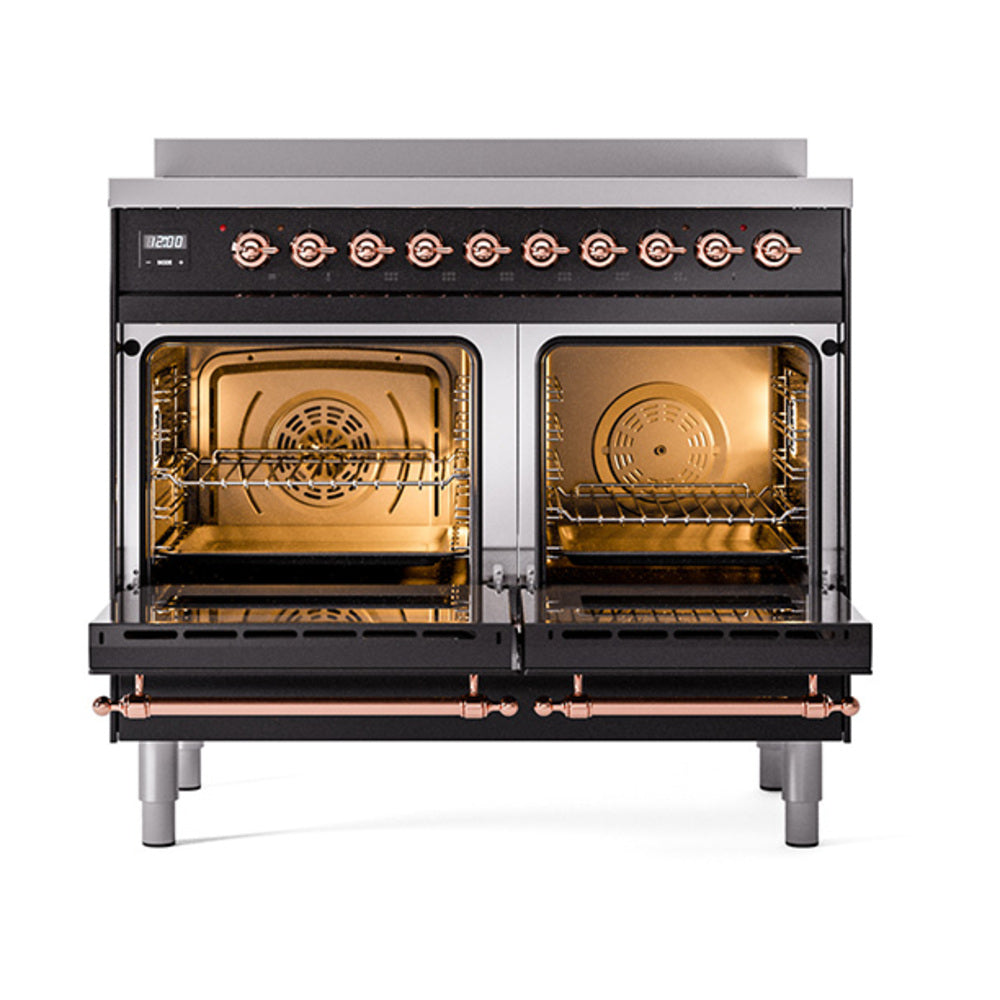 ILVE Nostalgie II 40-Inch Induction Range, Solid Door Oven, Glossy Black with Copper Trim (UPDI406QNMPBKP)