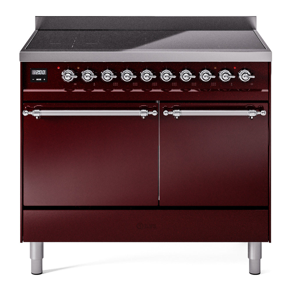ILVE Nostalgie II 40-Inch Induction Range, Solid Door Oven, Burgundy with Chrome Trim (UPDI406QNMPBUC)