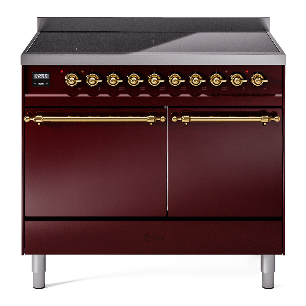 ILVE Nostalgie II 40-Inch Induction Range, Solid Door Oven, Burgundy with Brass Trim (UPDI406QNMPBUG)