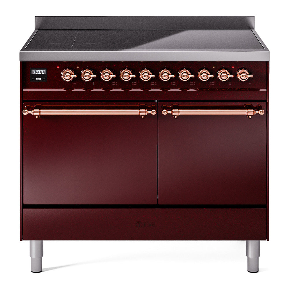 ILVE Nostalgie II 40-Inch Induction Range, Solid Door Oven, Burgundy with Copper Trim (UPDI406QNMPBUP)