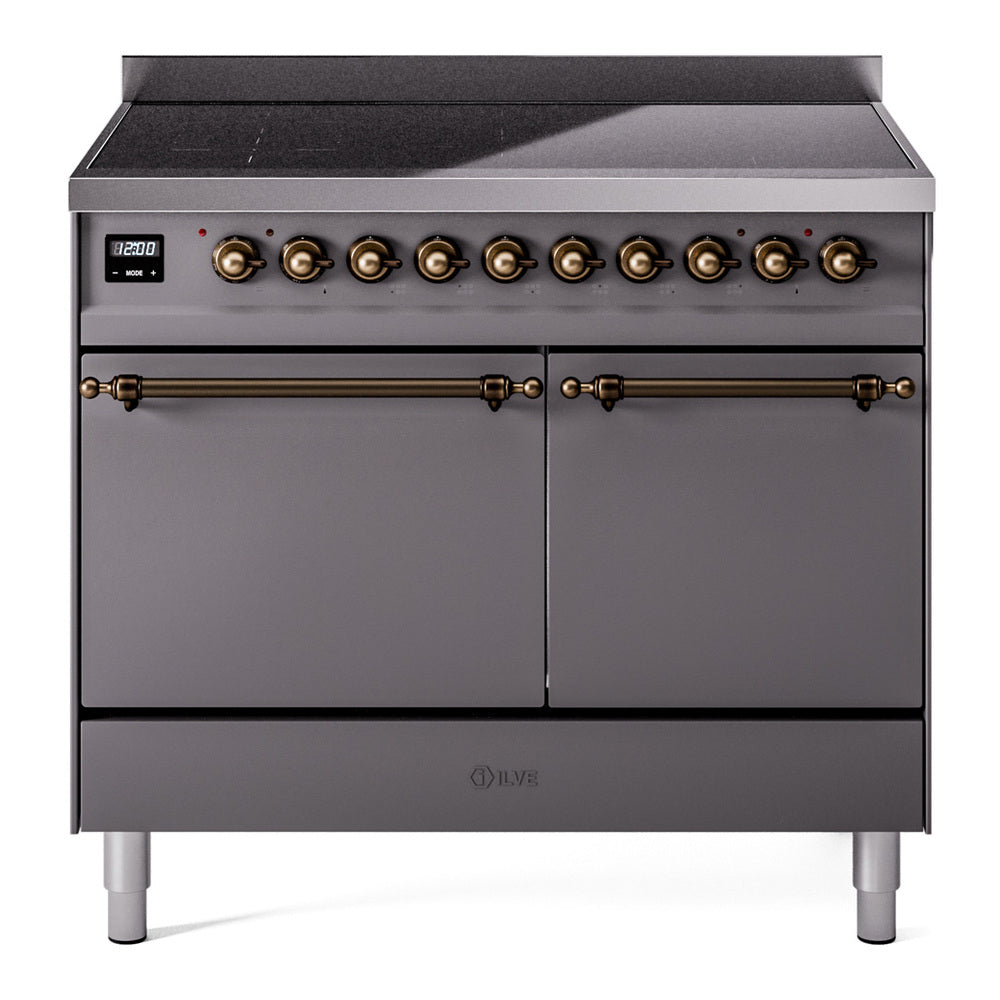 ILVE Nostalgie II 40-Inch Induction Range, Solid Door Oven, Matte Graphite with Burnished Bronze Trim (UPDI406QNMPMGB)