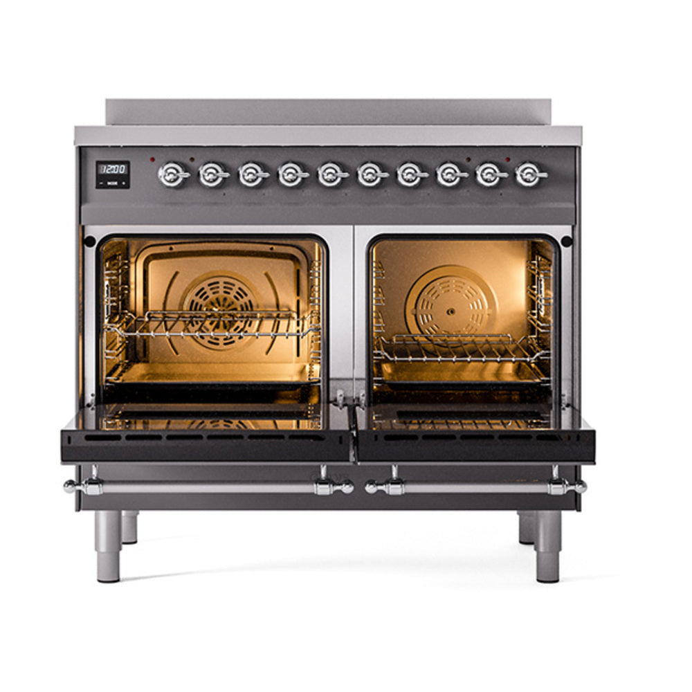ILVE Nostalgie II 40-Inch Induction Range, Solid Door Oven, Matte Graphite with Chrome Trim (UPDI406QNMPMGC)