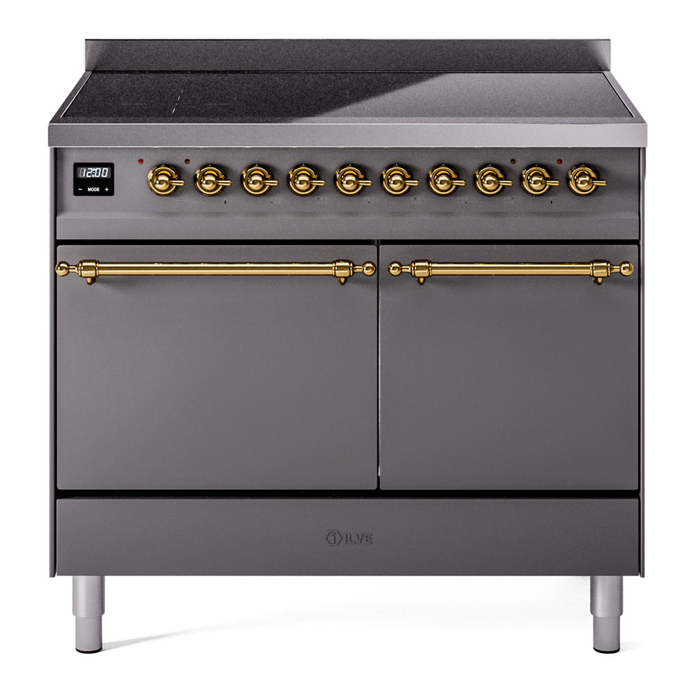 ILVE Nostalgie II 40-Inch Induction Range, Solid Door Oven, Matte Graphite with Brass Trim (UPDI406QNMPMGG)