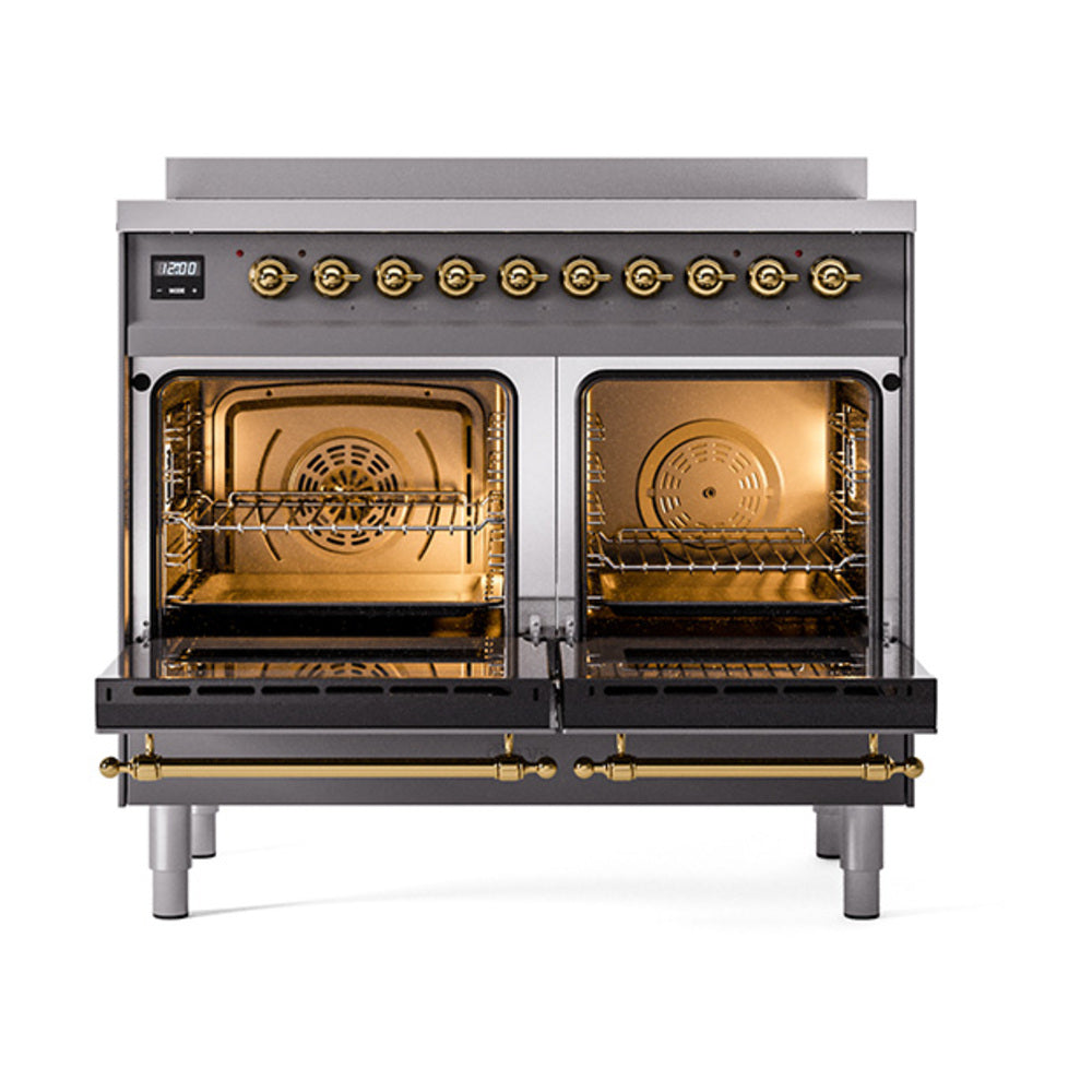 ILVE Nostalgie II 40-Inch Induction Range, Solid Door Oven, Matte Graphite with Brass Trim (UPDI406QNMPMGG)