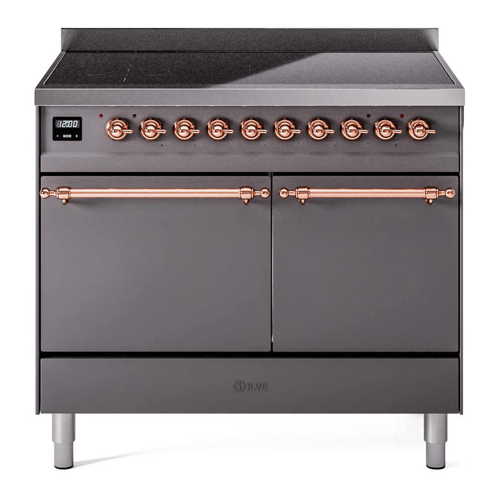 ILVE Nostalgie II 40-Inch Induction Range, Solid Door Oven, Matte Graphite with Copper Trim (UPDI406QNMPMGP)