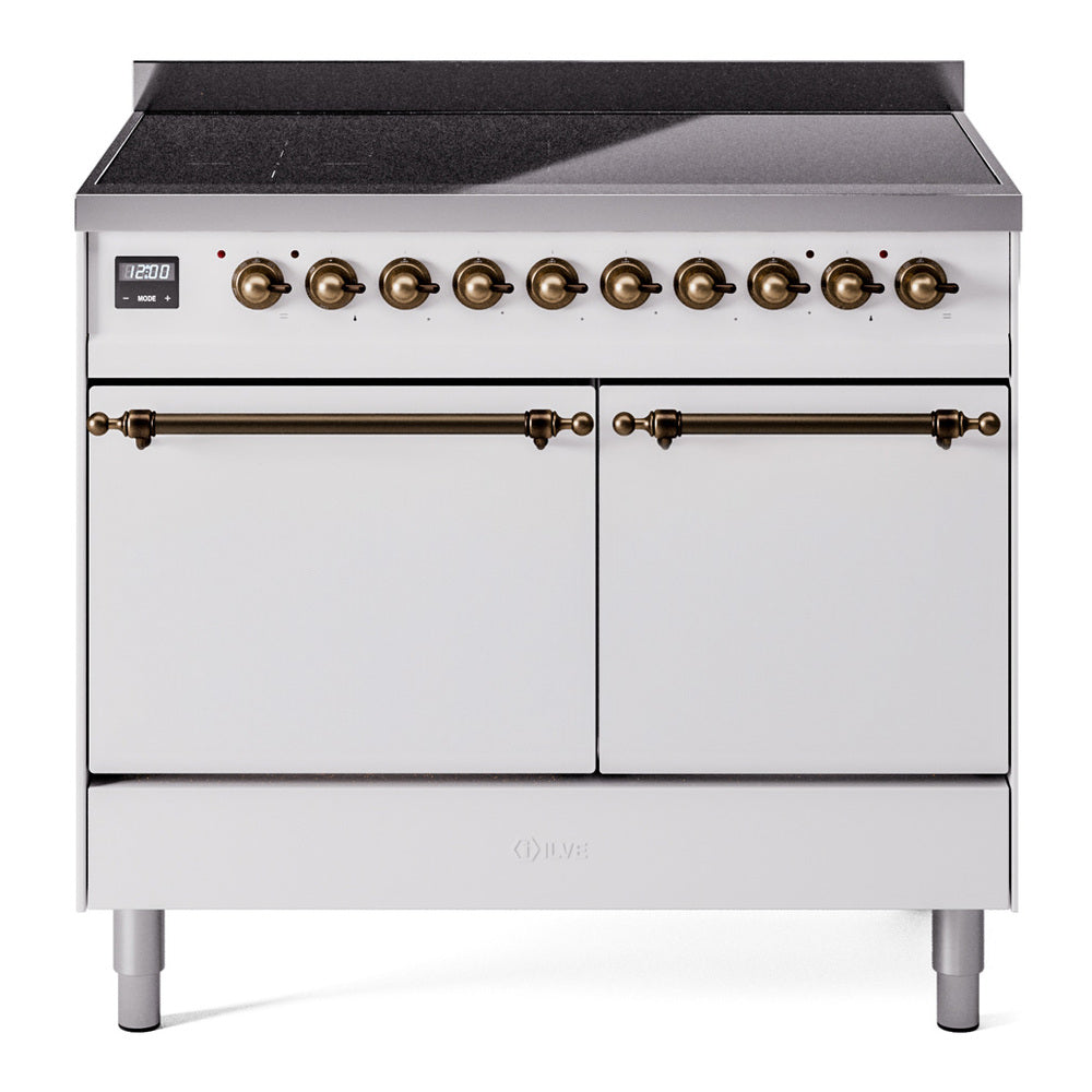 ILVE Nostalgie II 40-Inch Induction Range, Solid Door Oven, White with Burnished Bronze Trim (UPDI406QNMPWHB)
