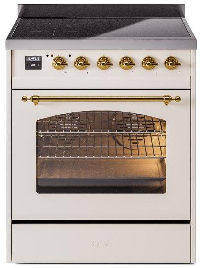 ILVE Nostalgie II 30-Inch Electric Induction Range, Freestanding, Antique White with Brass Trim (UPI304NMPAWG)