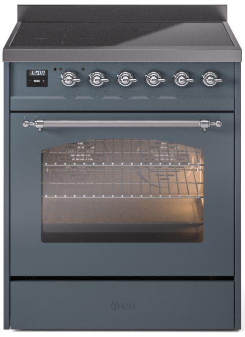 ILVE Nostalgie II 30-Inch Electric Induction Range, Freestanding, Blue Grey with Chrome Trim (UPI304NMPBGC)