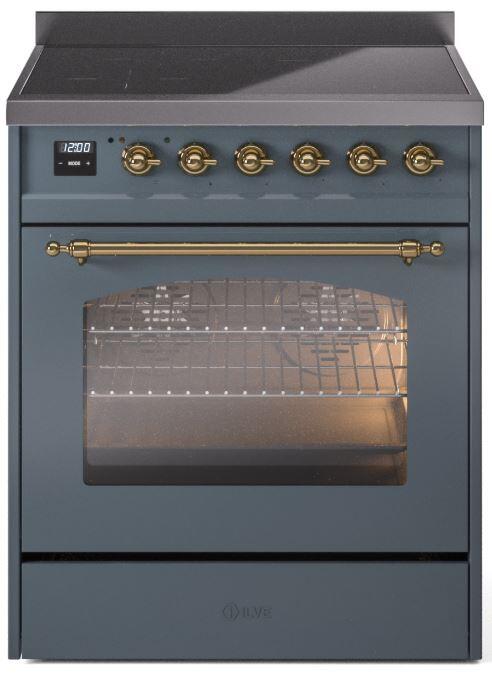 ILVE Nostalgie II 30-Inch Electric Induction Range, Freestanding, Blue Grey with Brass Trim (UPI304NMPBGG)