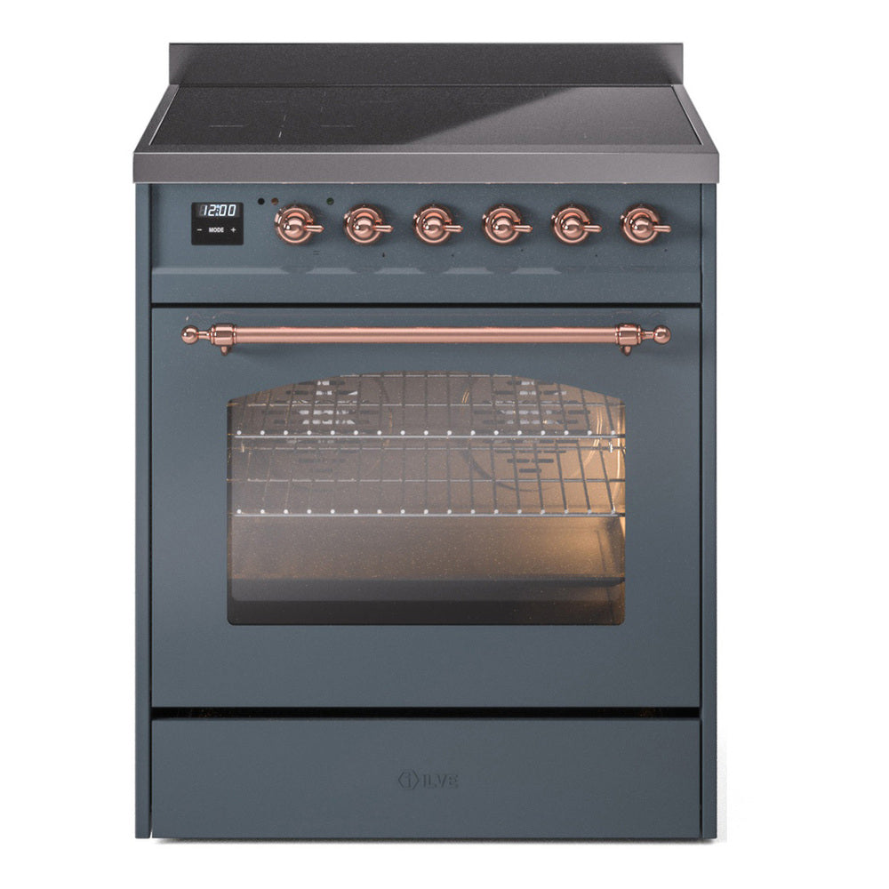 ILVE Nostalgie II 30-Inch Electric Induction Range, Freestanding, Blue Grey with Copper Trim (UPI304NMPBGP)