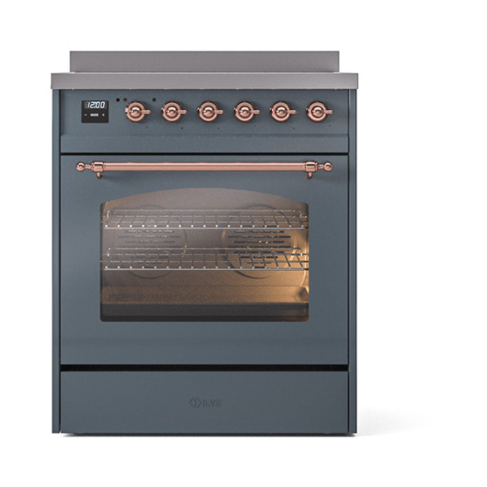 ILVE Nostalgie II 30-Inch Electric Induction Range, Freestanding, Blue Grey with Copper Trim (UPI304NMPBGP)